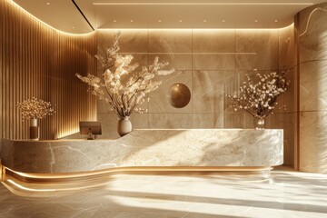 Elegant Lobby With Marble Counter Top and Flower Vases