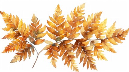 Golden Fern Leaves Watercolor Illustration on White Generative AI