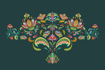 Vector oriental motif on green background. Beautiful paisley ornament. - 756245949