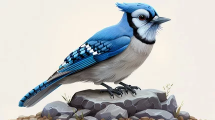 Fotobehang Cartoon Blue Jay Bird Illustration on White Background Generative AI © Alex