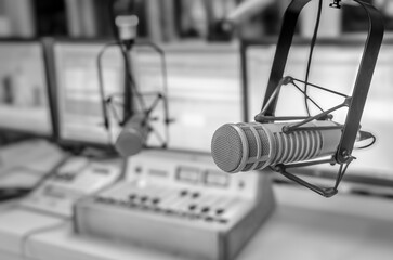Professional microphone and sound mixer in radio station studio