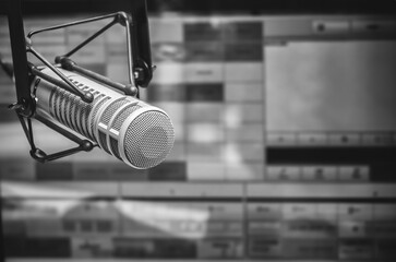 Professional microphone and sound mixer in radio station studio