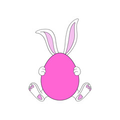 Cute cartoon Easter bunny ears and paws behind pink egg vector illustration isolated on white. Hand drawn line art happy Easter holiday print poster postcard themed graphics. 