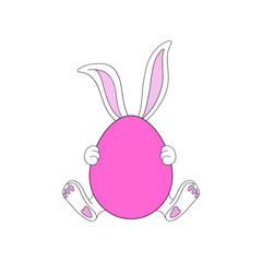 Fototapeta premium Cute cartoon Easter bunny ears and paws behind pink egg vector illustration isolated on white. Hand drawn line art happy Easter holiday print poster postcard themed graphics. 