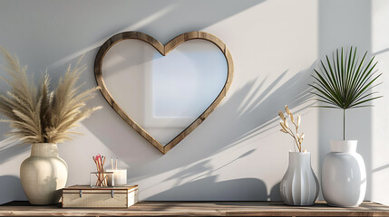 Heart shape mockup photo frame plastic border, on dresser in modern living room, 3d render