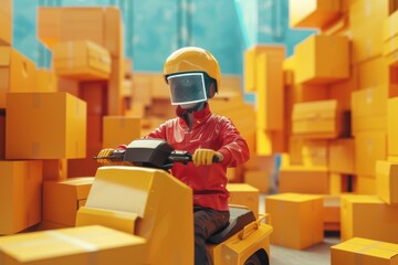 Man Riding Small Yellow Vehicle Through Warehouse Filled With Boxes
