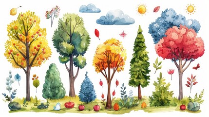 Isolated Illustration of Summer Trees and Nature Elements Generative AI