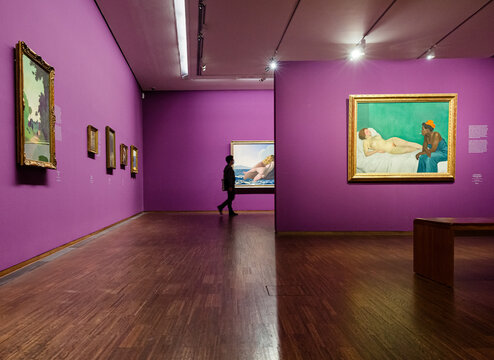 Vienna, Austria: silhouette of a visitor  in Albertina museum among impressionism paintings