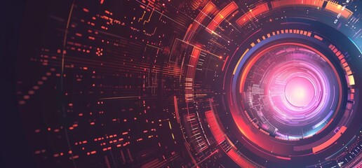 Fototapeta premium Dynamic red and purple hues dominate this digital cyber tunnel with a futuristic user interface design.