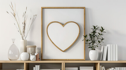 Heart shape mockup photo frame bamboo border, on bookcase in modern living room, 3d render