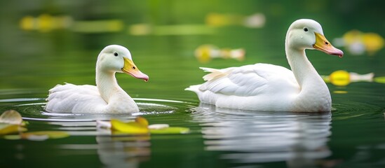 A pair of white ducks gracefully swim in the natural landscape of a pond, their sleek bodies gliding across the liquid surface with elegance