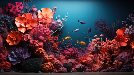 Fototapeta na wymiar Illustration of a Reef with colorful coral in the foreground, and fish and blue ocean in the background