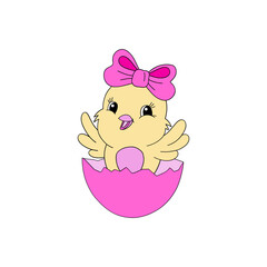 Cute cartoon chick with bow on the head in pink egg shell vector illustration isolated on white. Hand drawn linear happy Easter holiday print poster postcard themed graphics. 