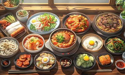 Top view Korean traditional foods set, Assortment of Korean traditional dishes on the table, Asian food. - obrazy, fototapety, plakaty