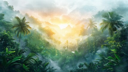 Fototapeta na wymiar Watercolor Illustration of a Forest in the Rainy Season in the Jungle Generative AI