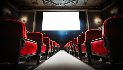 Movie theater with black and red cinema seats and empty screen with copy space, isolated on white or transparent background, png. Generative Ai. - obrazy, fototapety, plakaty