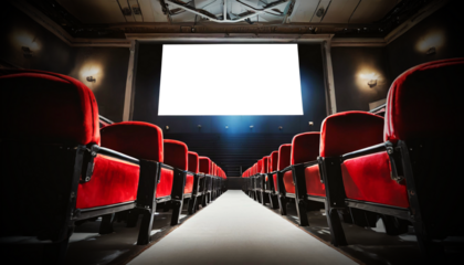 Movie theater with black and red cinema seats and empty screen with copy space, isolated on white or transparent background, png. Generative Ai.