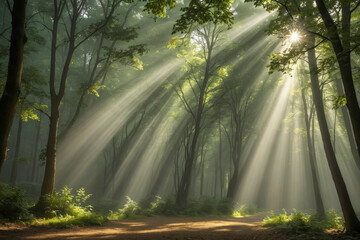 The sun is shining through the trees, creating a beautiful and peaceful scene