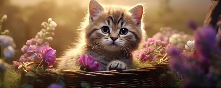 Cute cat in wooden basket against wild flowers in background. Adorable cat concept