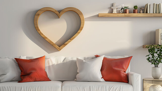 Heart shape mockup photo frame wooden border, on bookcase in modern living room, 3d render