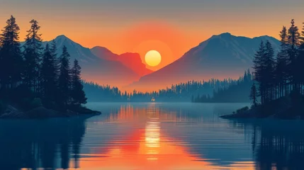 Muurstickers Sunset Illustration with River and Mountains Generative AI © Alex