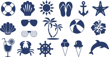 Summer Silhouettes. Summer shapes and Elements. Vector summer shapes. Ice-cream, Seashells, palms, Beach, The sun. © Анастасия Ареховская
