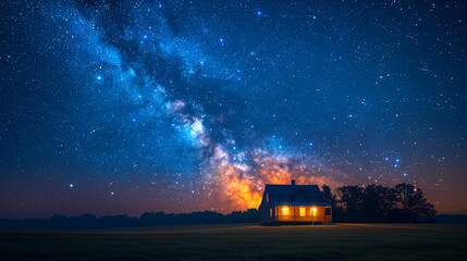 An idyllic countryside landscape is brought to life at night by the warm glow of a farmhouse under a vast, star filled galaxy. - obrazy, fototapety, plakaty