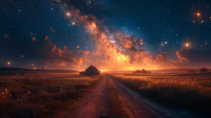 Fotobehang An idyllic countryside landscape is brought to life at night by the warm glow of a farmhouse under a vast, star filled galaxy. © feeling lucky