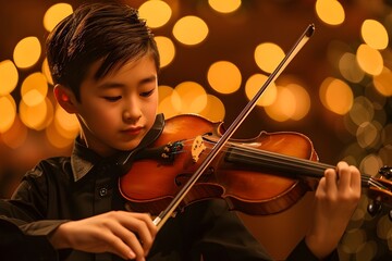 A Young Asian Boy Playing Violin Surrounded by Twinkling Lights, To convey the beauty and cultural significance of traditional music and performance,