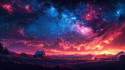 Photo sur Plexiglas Aubergine An idyllic countryside landscape is brought to life at night by the warm glow of a farmhouse under a vast, star filled galaxy.