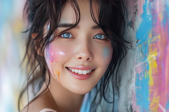 A young beautiful woman with piercing blue eyes and a slightly Asian face in multicolored paint near a brightly painted wall.