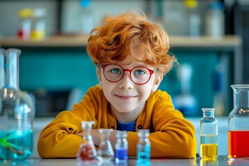 Happy Red-Haired Boy in Laboratory with Beakers and Test Tubes, To showcase a happy and curious young boy engaging in a science experiment in a