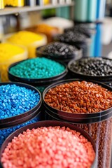 Multicolored cylindrical recycled plastic pellets arranged by color in a container.