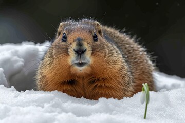 A cute fluffy groundhog wakes up in early spring, crawls out of his burrow and sees snowdrops and melting snow. An old omen predicting the end of winter. - obrazy, fototapety, plakaty