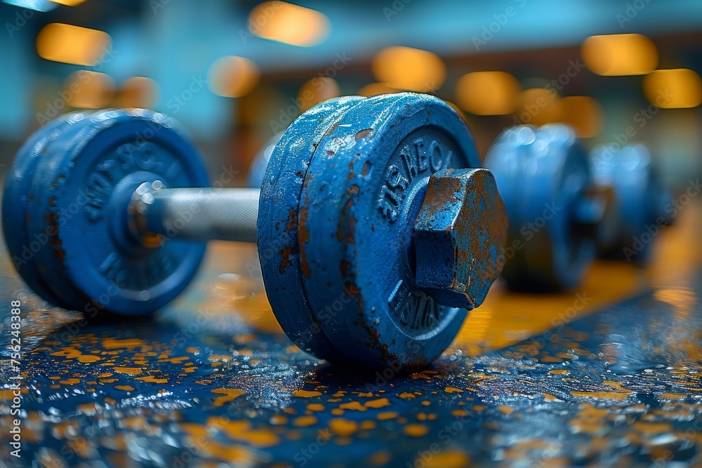 Wall mural two blue dumbbells on gym floor