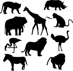 Safari animals silhouettes. Vector safari animals shapes and elements. SVG. 