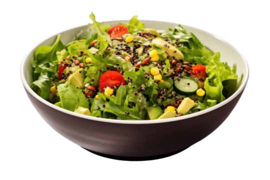 Fresh vegetable salad with whole grains such as quinoa, black beans, corn and sunflower seeds, isolated on transparent background.