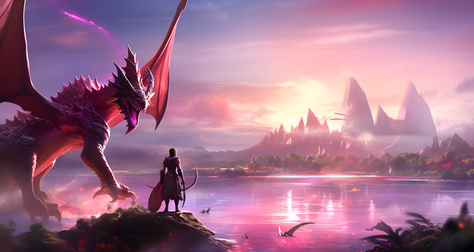 a dragon sitting on the edge of a lake with a woman in front of it