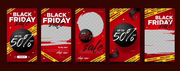Set Black Friday sale social with red brush media feed or story