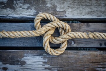 Fototapeta premium A knot of nautical rope on the wooden deck of a ship. An old mooring rope is tangled into a secure knot.