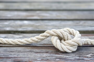 A knot of nautical rope on the wooden deck of a ship. An old mooring rope is tangled into a secure knot.