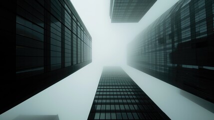 Minimalistic dark skyscrapers go skyward and disappear into the clouds. View from below, tall buildings in fog, monochrome cityscape. - obrazy, fototapety, plakaty