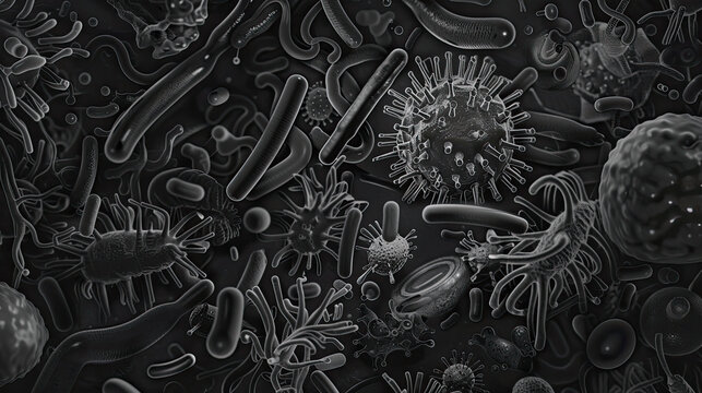 Monochrome microscopic view revealing diverse bacteria shapes, textures, and dynamics in a dark field setting, emphasizing structural complexity.