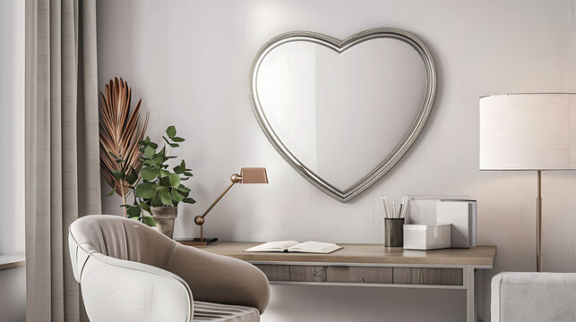 Heart shape mockup photo frame metal border, on study desk in modern living room, 3d render