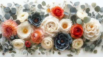 Pastel-colored flowers: peonies, roses, echeveria, hydrangea, ranunculus, anemone, eucalyptus, and juniper Generative AI