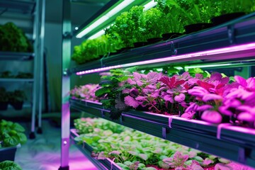 Multideck greenhouse for growing plants illuminated with pink light LED ultraviolet phyto lamps. Drip irrigation and indoor hydroponics system.