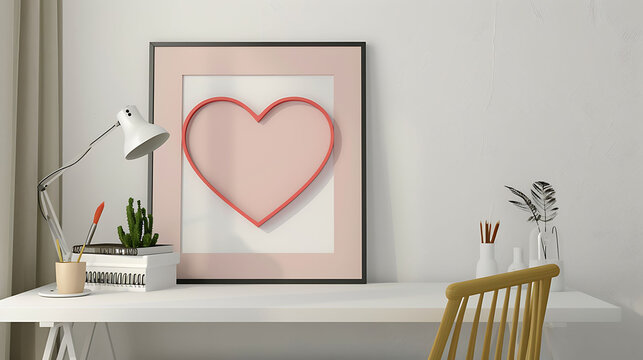 Heart shape mockup photo frame plastic border, on study desk in modern living room, 3d render