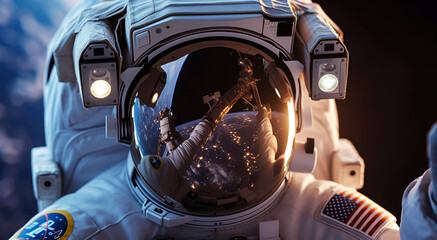 Close-up of an astronaut floating outside a spaceship with Earth in the background.
 - obrazy, fototapety, plakaty
