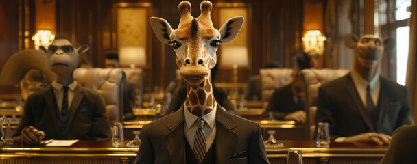 Fototapeta na wymiar Suit jacket-wearing giraffe in a sparse meeting setup cool tones