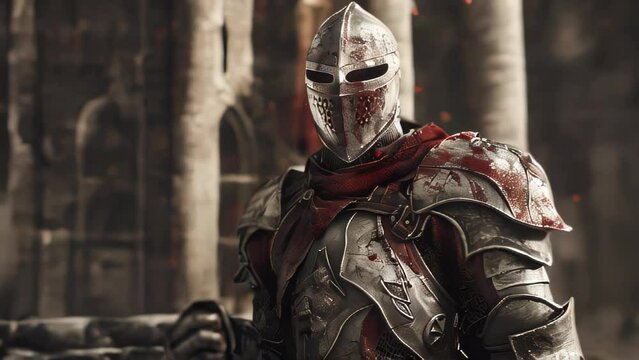 A knight clad in armor marked by the remnants of battle stands facing forward in a dimly lit forest.

